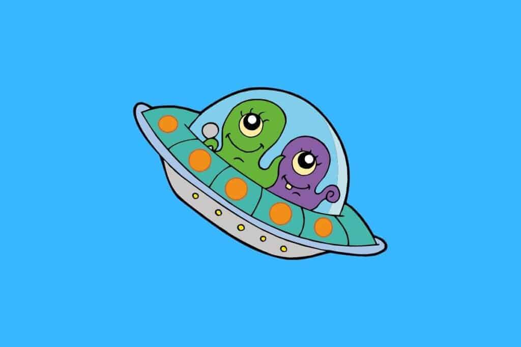 Cartoon graphic of two aliens in a flying saucer on blue background.