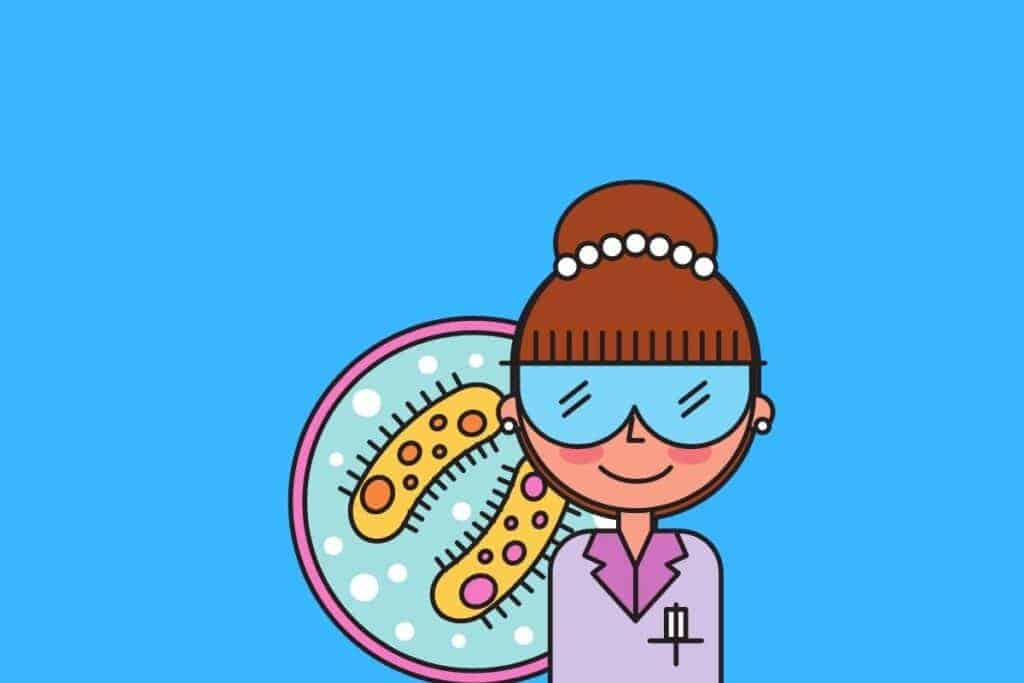 Cartoon graphic of female biologist on blue background.