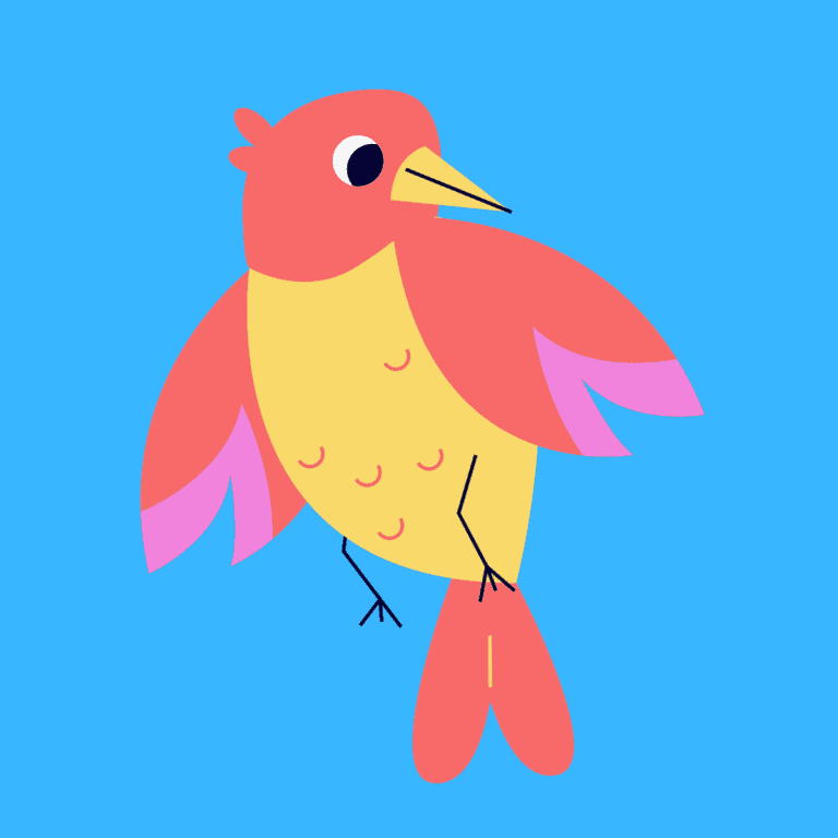 Cartoon graphic of pink and yellow bird on blue background.