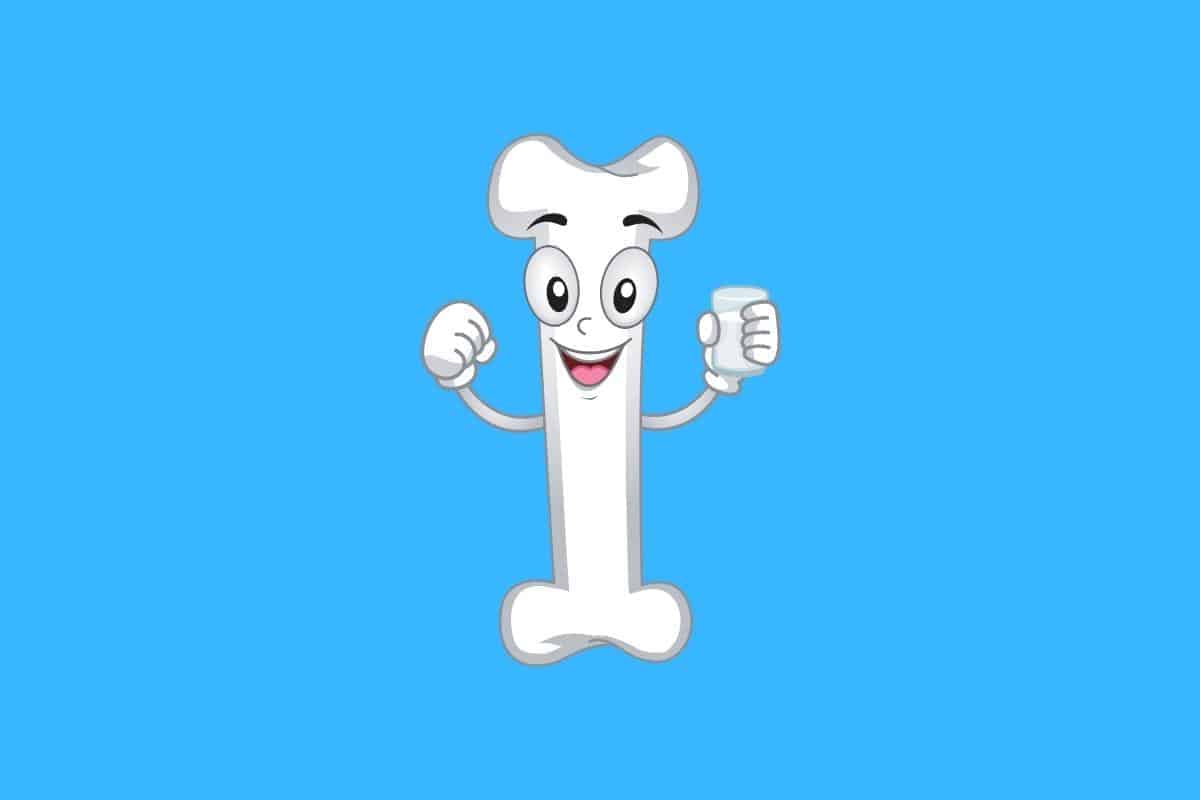 Cartoon graphic of a bone holding a cup while smiling on blue background.