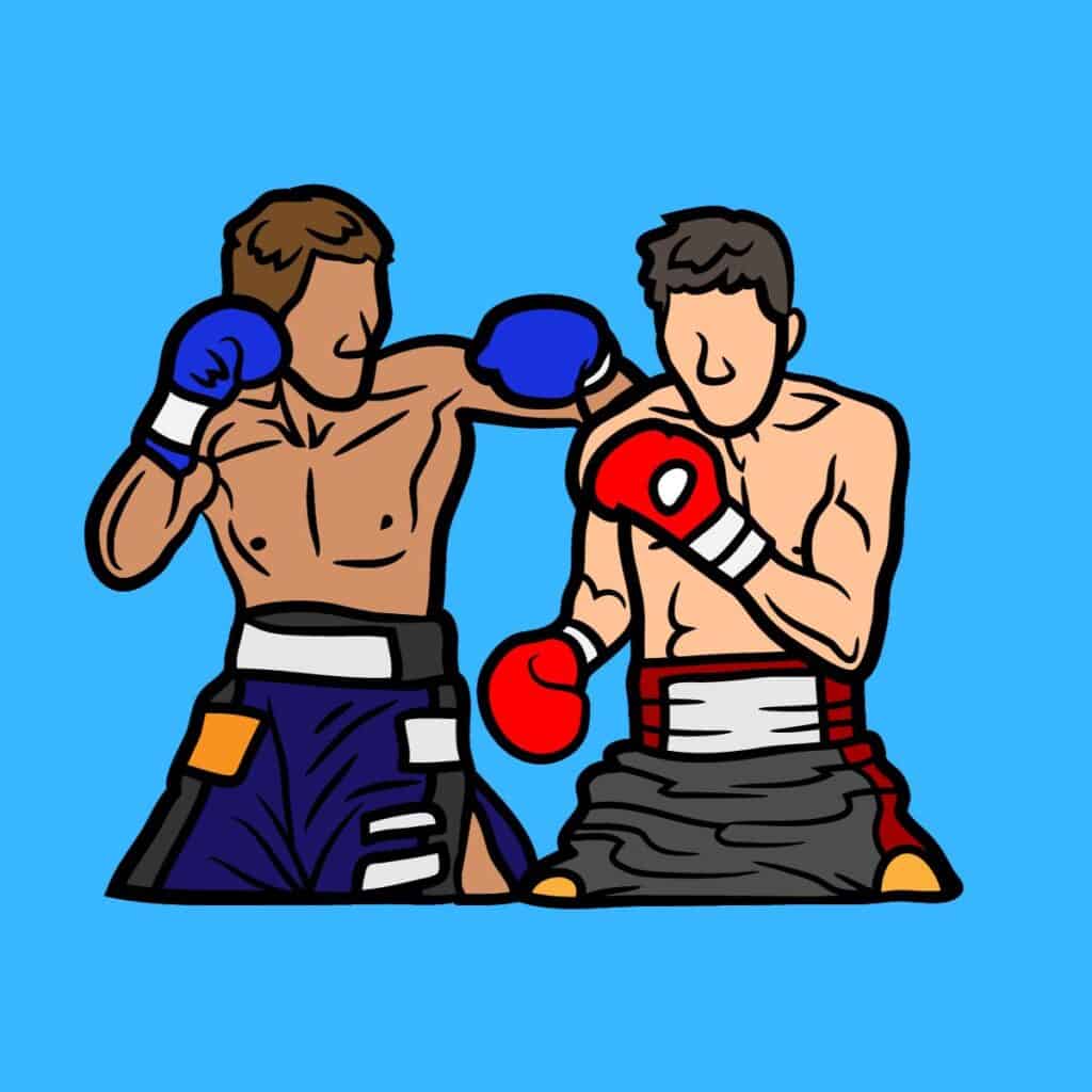 Cartoon graphic of 2 boxers boing on blue background.