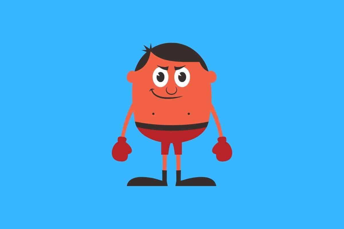 Cartoon graphic of red boxing man on blue background.