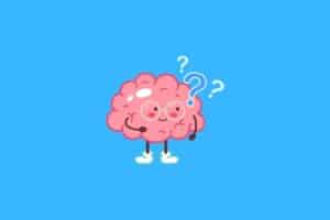 Cartoon graphic of brain with glasses thinking on blue background.