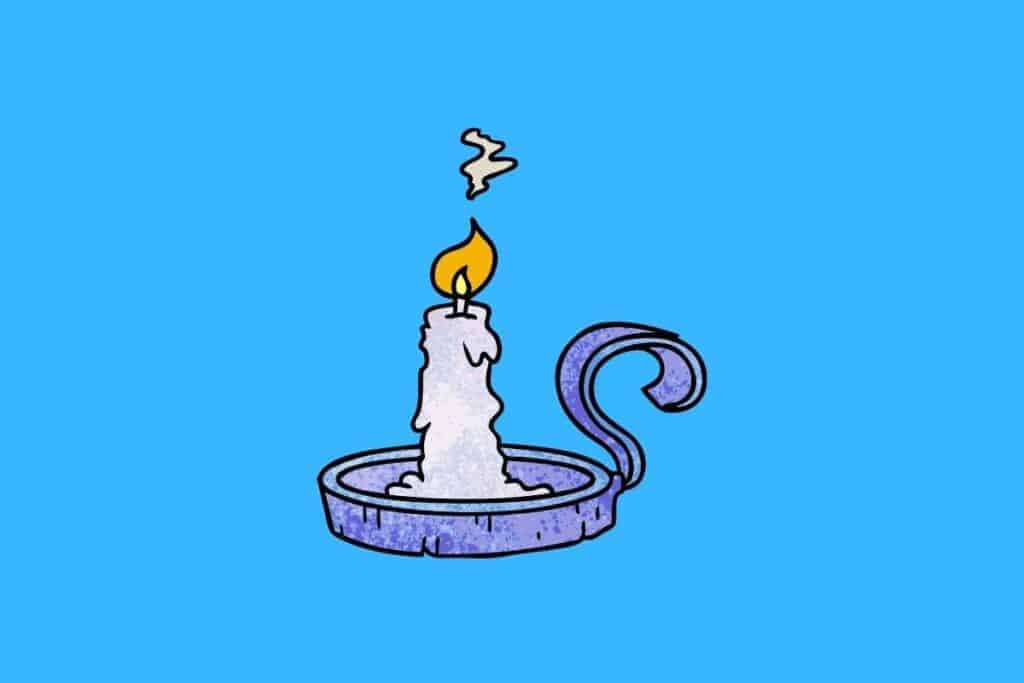 Cartoon graphic of candle in holder on blue background.