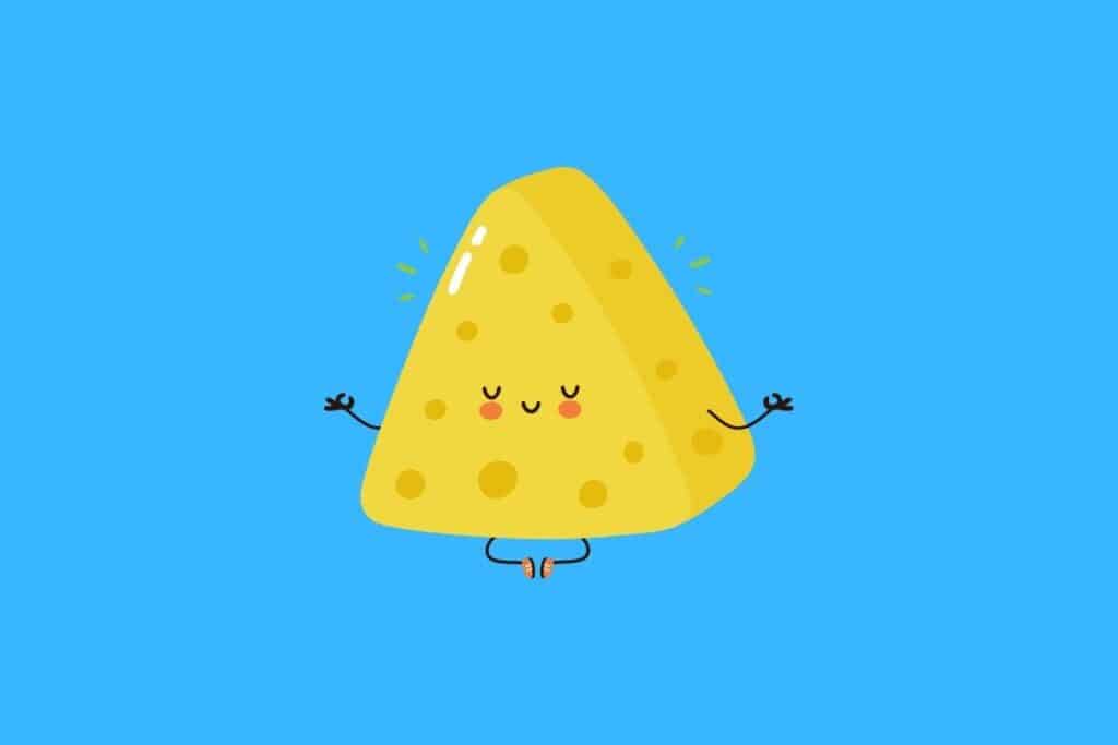 Cartoon graphic of zen cheese on blue background.