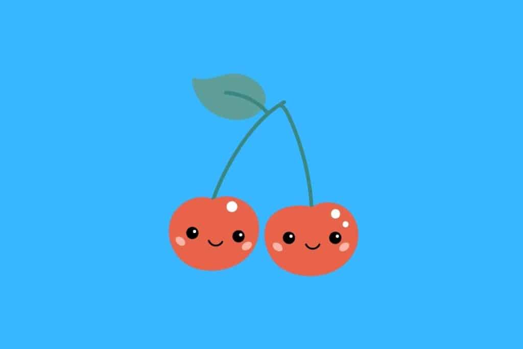 Cartoon graphic of two smiling cherries on blue background.