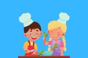 Cartoon graphic of two kids chopping carrots on blue background.