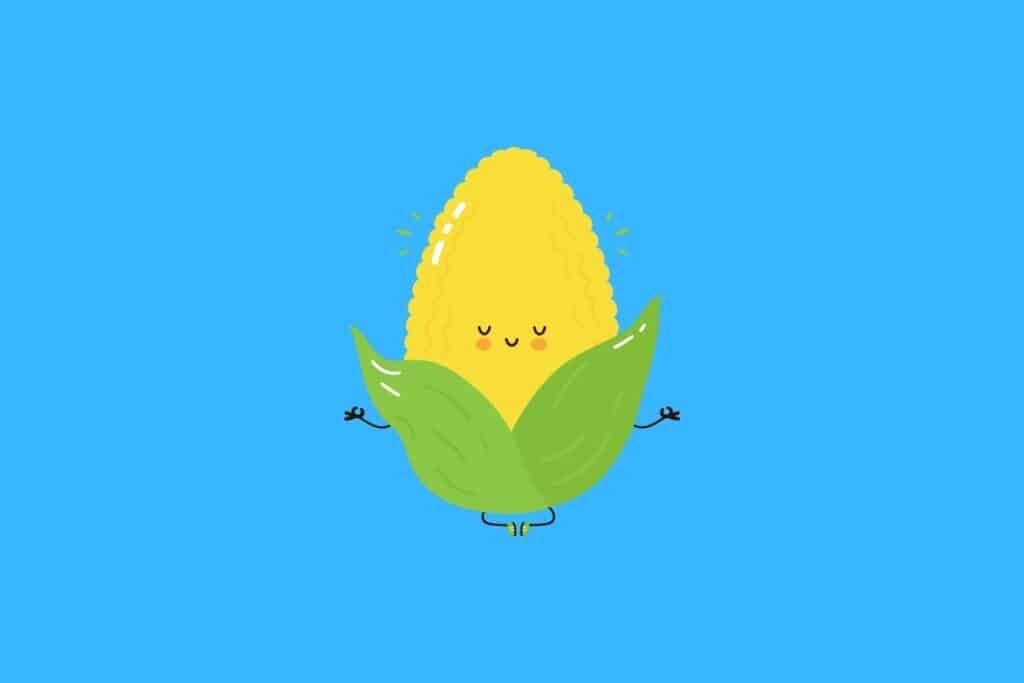 Cartoon graphic of zen corn on blue background.