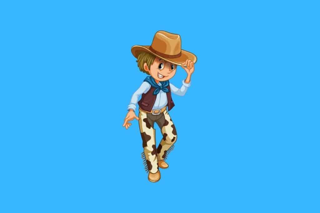 Cartoon graphic of cowboy tipping hat on blue background.