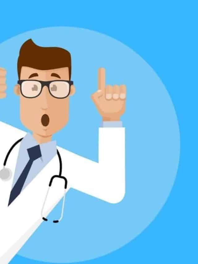 Cartoon graphic of doctor with his finger pointing up on blue background.