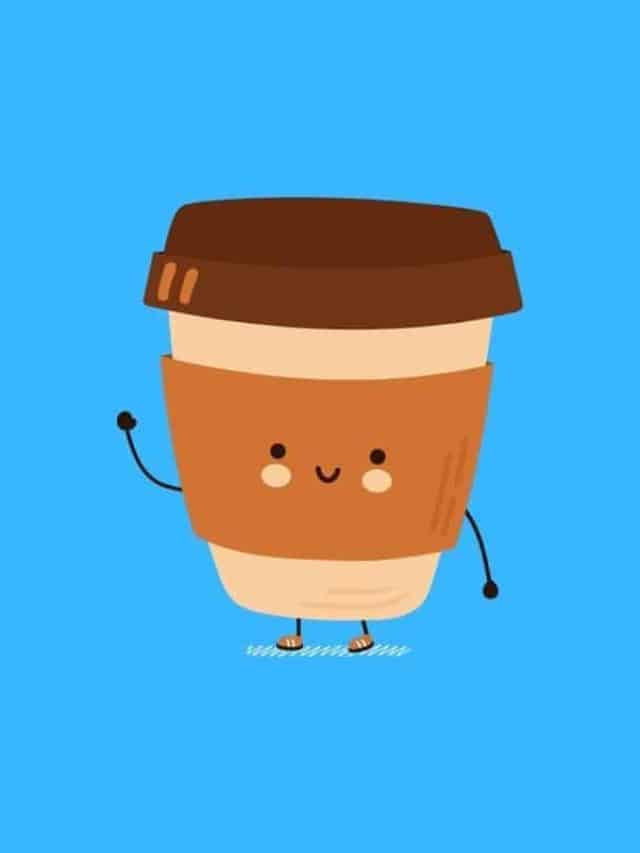 Cartoon graphic of coffee cup waving on blue background.