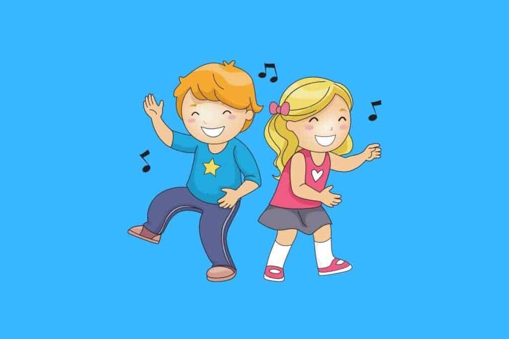 Cartoon graphic of dancing kids on blue background.