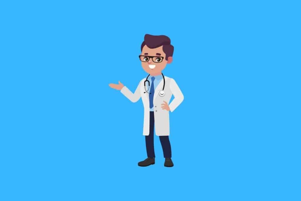 Cartoon graphic of doctor with hand out on blue background.