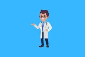 Cartoon graphic of doctor with hand out on blue background.