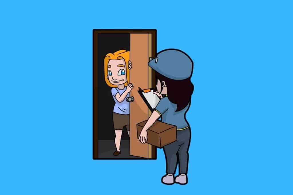 Cartoon graphic of person opening door for delivery person on blue background.