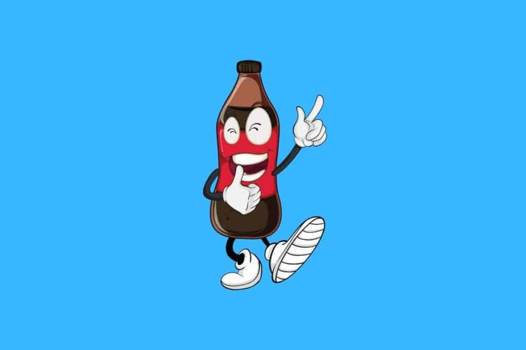 Cartoon graphic of laughing cola bottle on blue background.