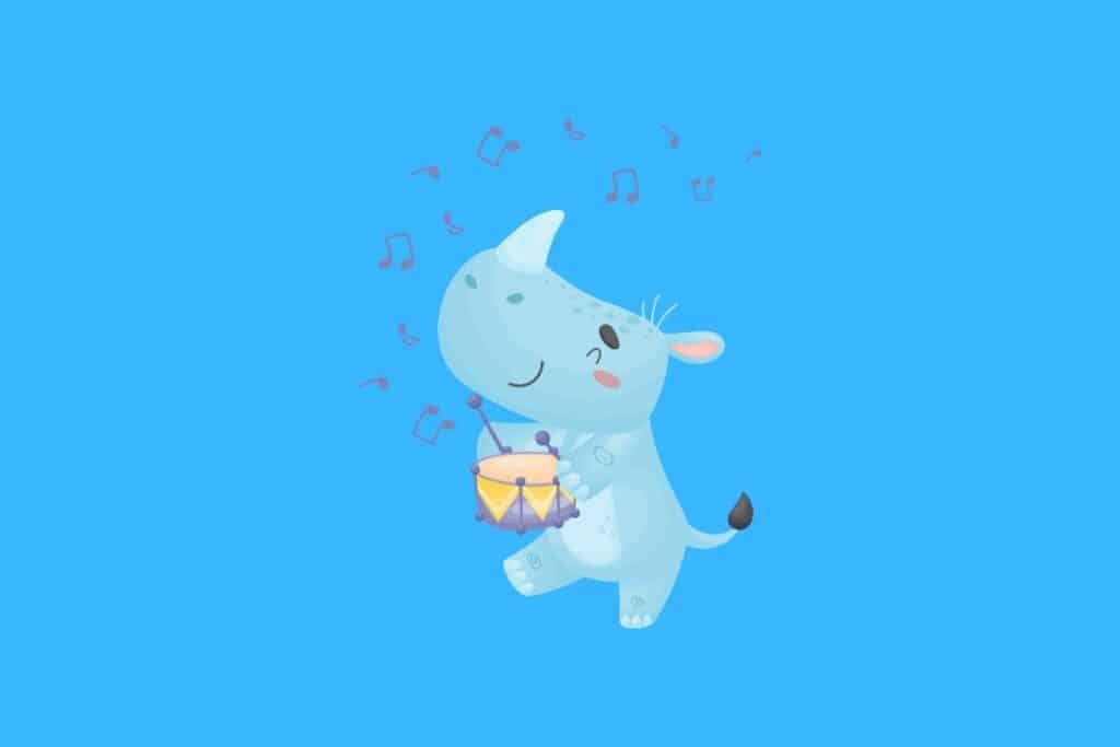 Cartoon graphic of child rhino playing drum on blue background.