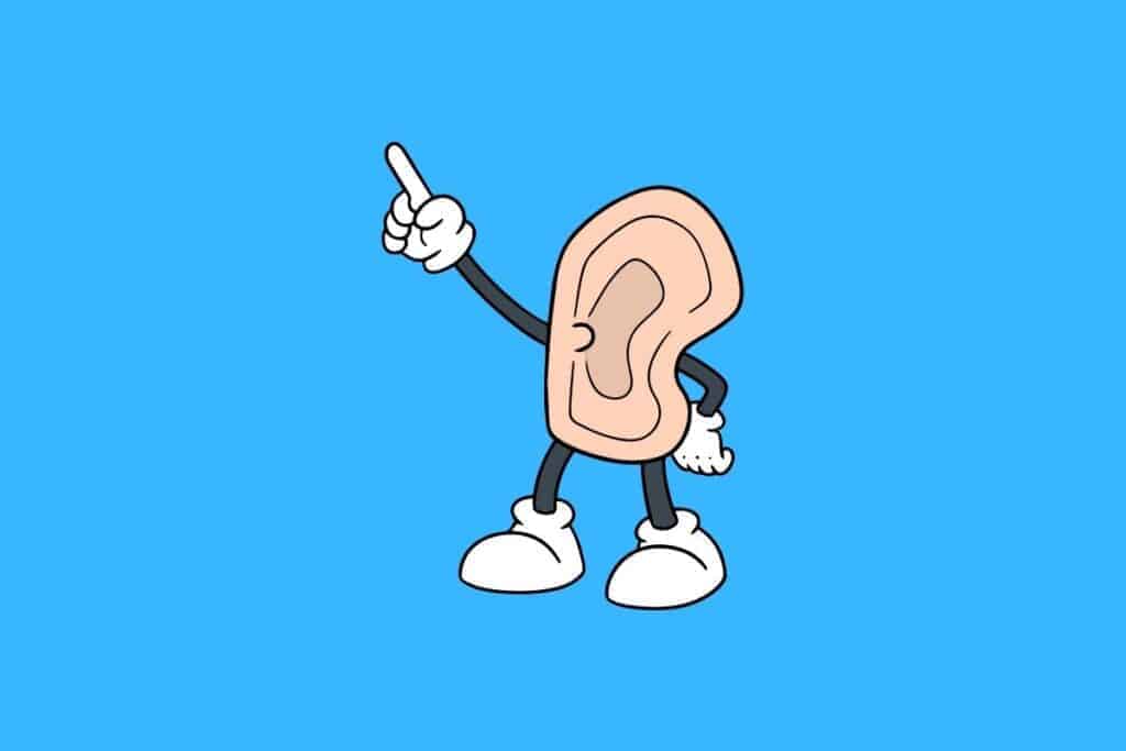 Cartoon graphic of dancing ear on blue background.