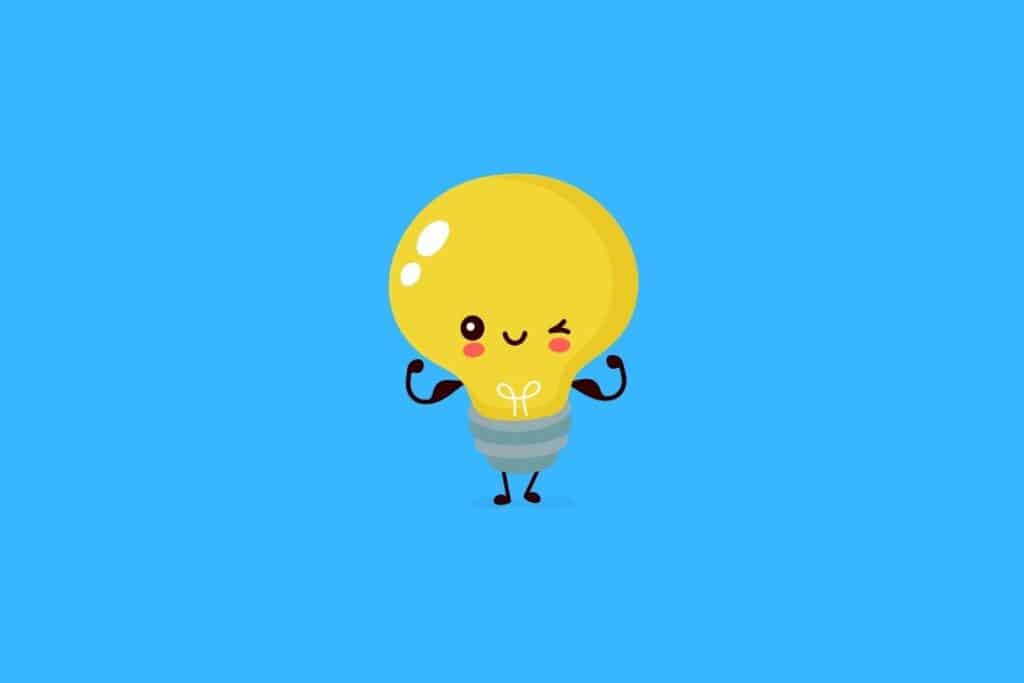 Cartoon graphic of strong lightbulb on blue background.