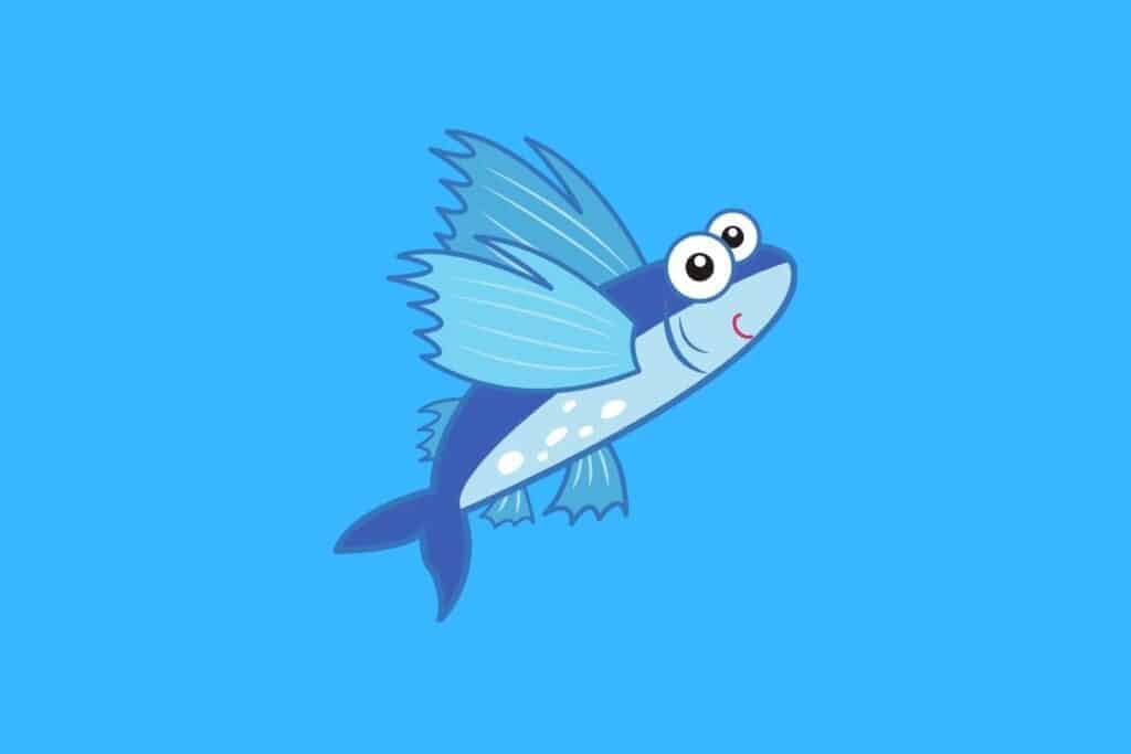 Cartoon graphic of blue flying fish on blue background.