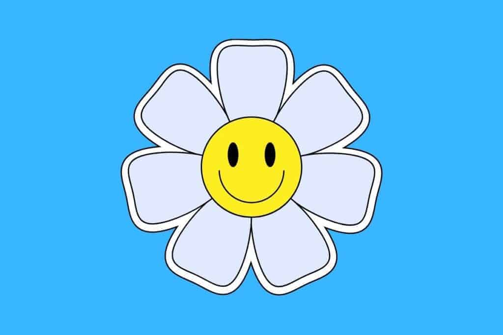 Cartoon graphic smiling flower with yellow face of on blue background.