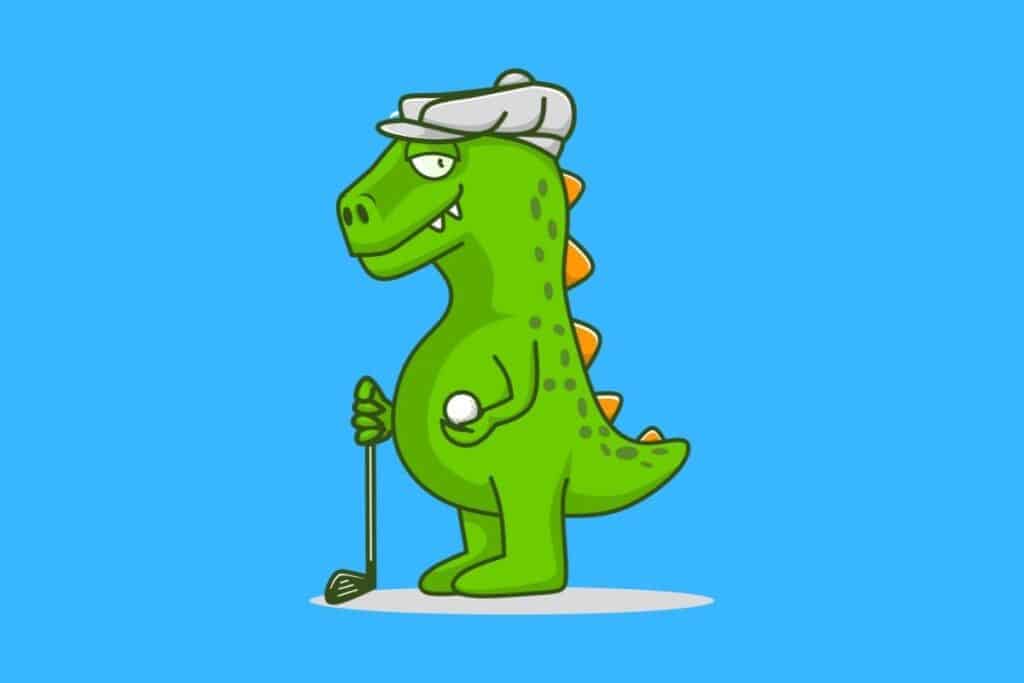 Cartoon graphic of green dinosaur holding golf ball and club on blue background.