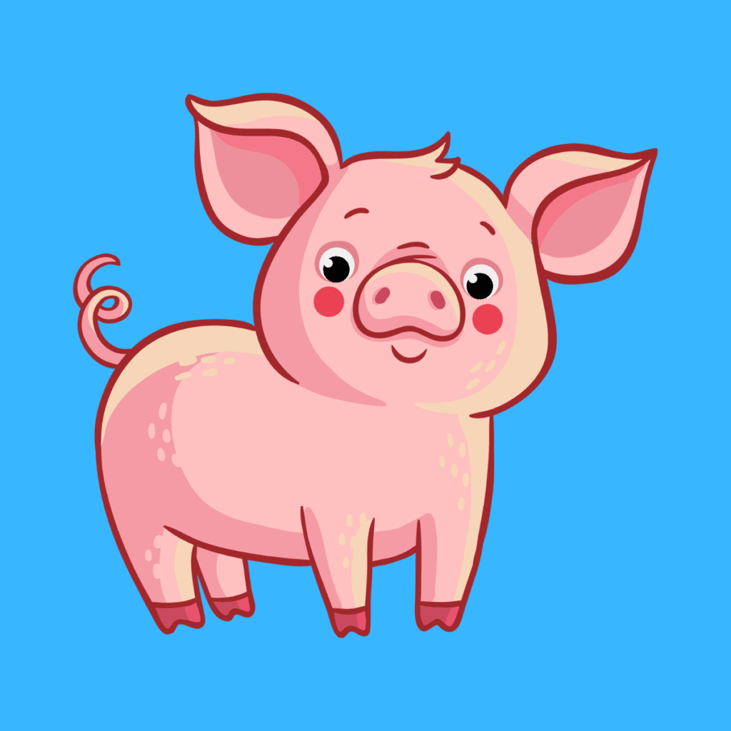 cartoon pink pig on blue background.