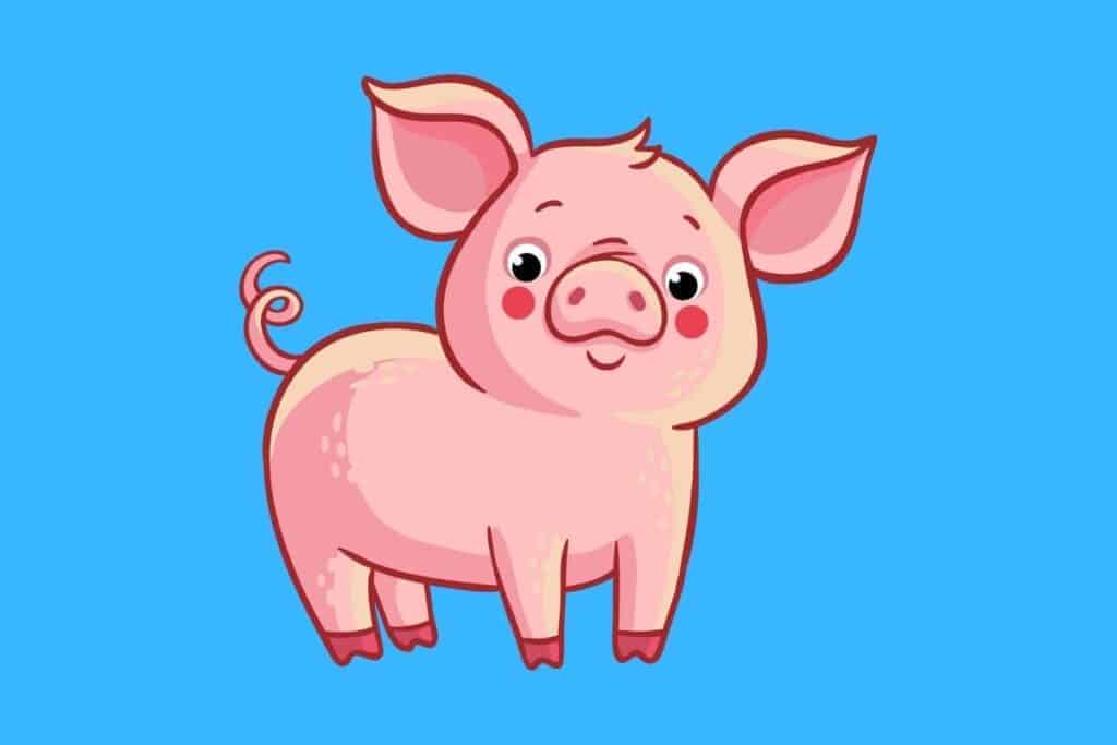 Cartoon graphic of pink pig on blue background.