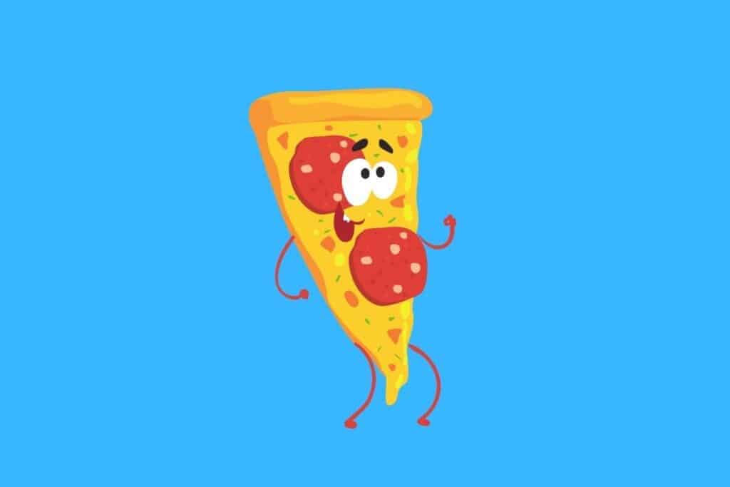 Cartoon graphic of dancing pizza slice on blue background.