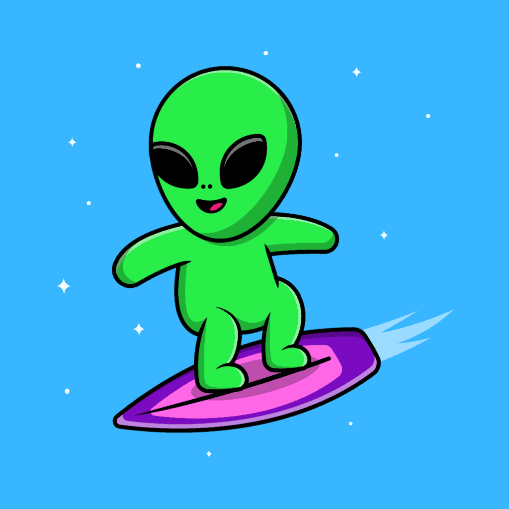 a cartoon alien on a skateboard surfing through space.