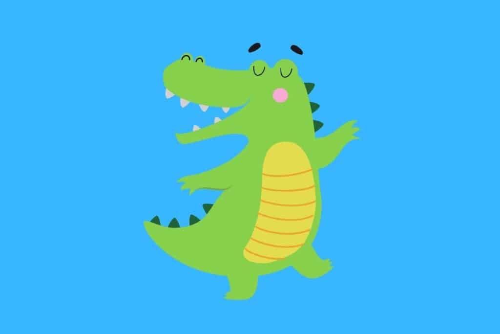 Cartoon graphic of alligator smiling with eyes closed on blue background.