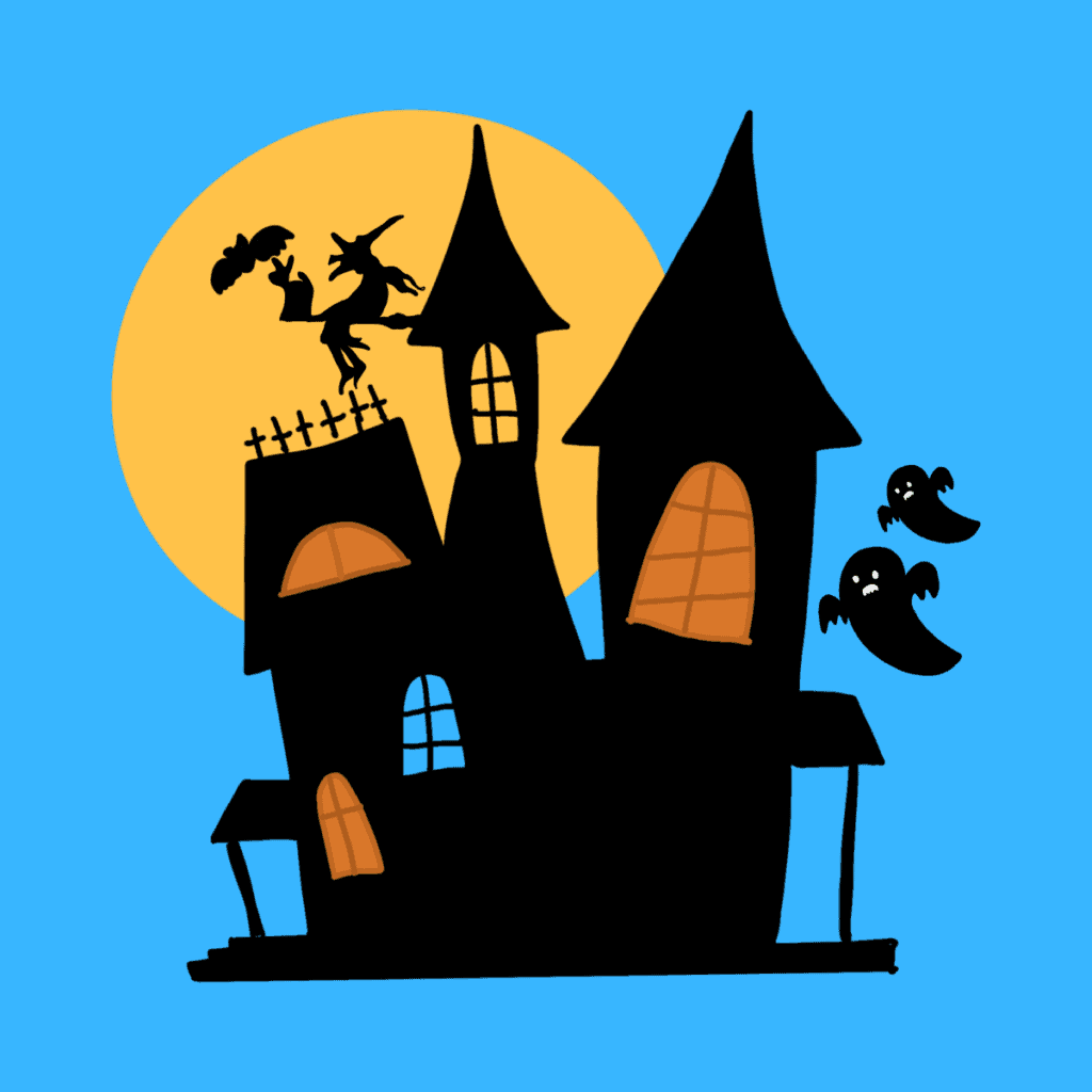 haunted house graphic on blue background for halloween jokes.