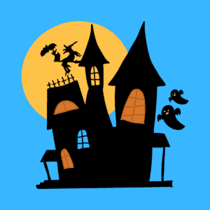 haunted house graphic on blue background for halloween jokes.