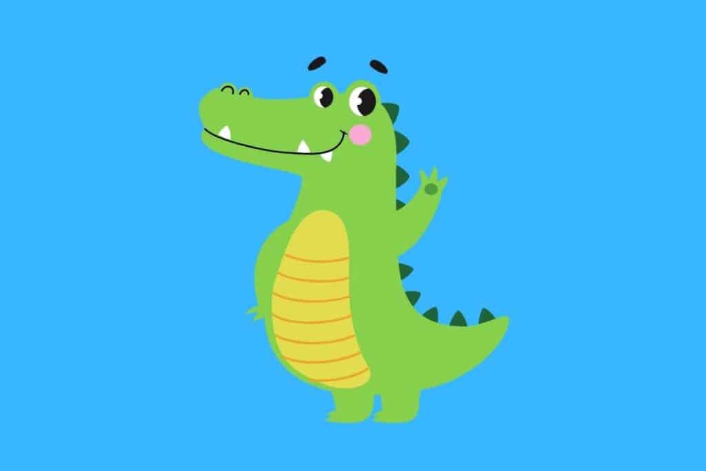 Cartoon graphic of waving alligator on blue background.