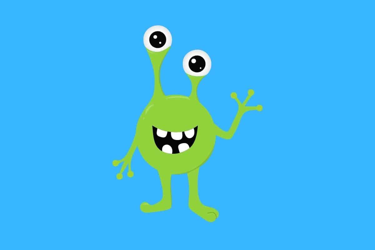 Cartoon graphic of waving green alien on blue background.