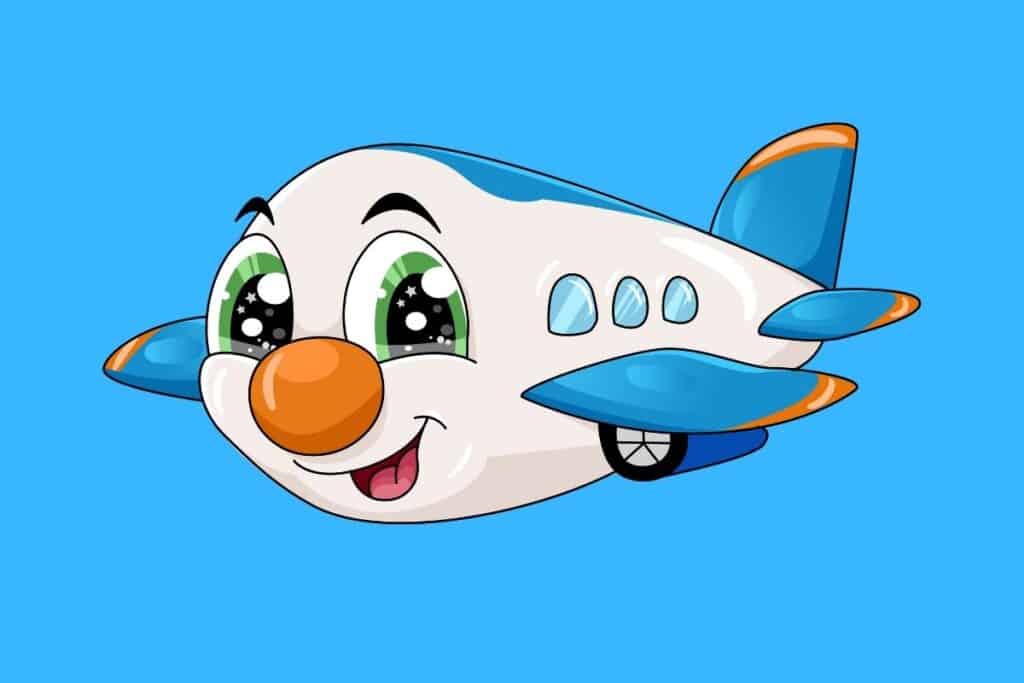 Cartoon graphic of smiling cute airplane on blue background.