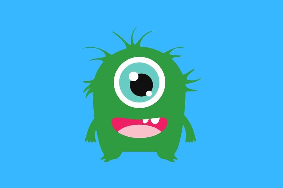 Cartoon graphic of fuzzy green alien with one eye on blue background.