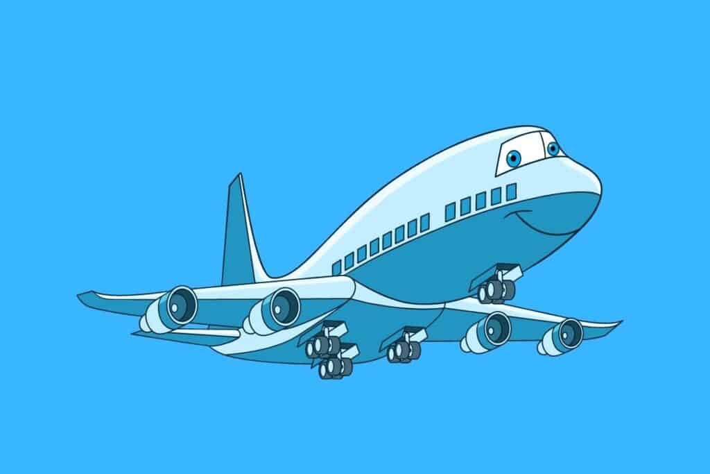 Cartoon graphic of jumbo jet with eyes and mouth on blue background.