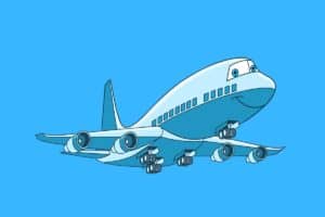 Cartoon graphic of jumbo jet with eyes and mouth on blue background.