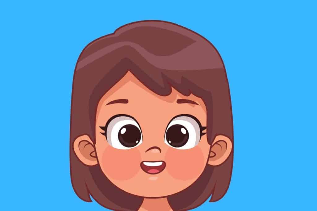 Cartoon graphic of girl with brown hair on blue background.