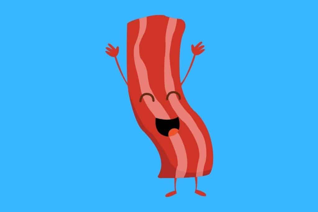 Cartoon graphic of bacon with arms up high on blue background.