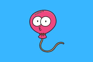 Cartoon graphic of silly pink balloon face on blue background.