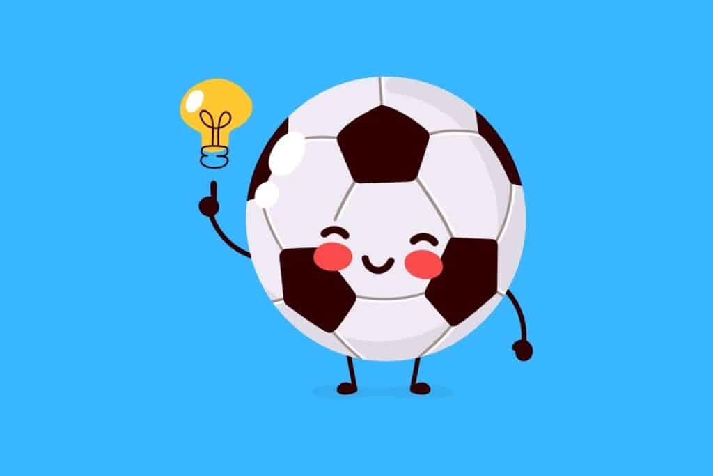 Cartoon graphic of soccer ball smiling with a finger pointing up to a lightbulb on blue background.