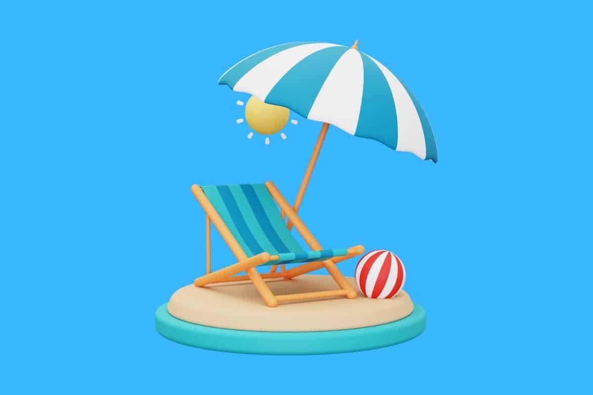 Cartoon graphic of beach chair under an umbrella with ball on blue background.