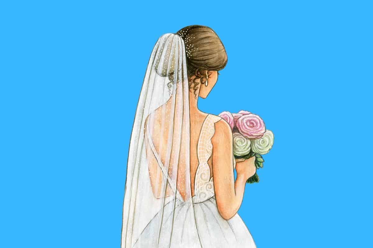 Cartoon graphic of bride from behind holding flowers on blue background.