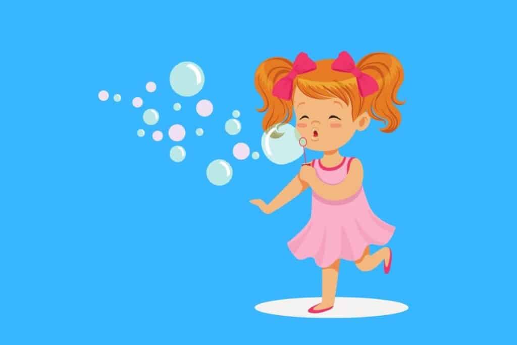 Cartoon graphic of young girl blowing bubbles on blue background.