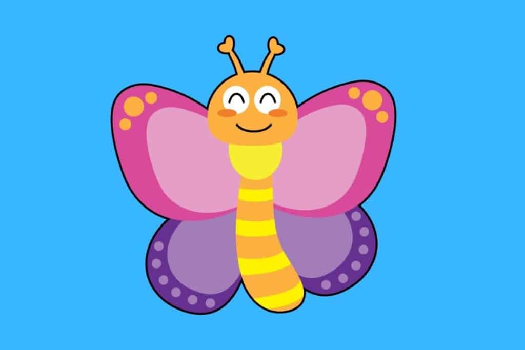 Cartoon graphic of smiling pink and purple butterfly on blue background.