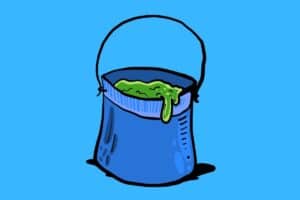Cartoon graphic of green paint in a blue paint tin on blue background.