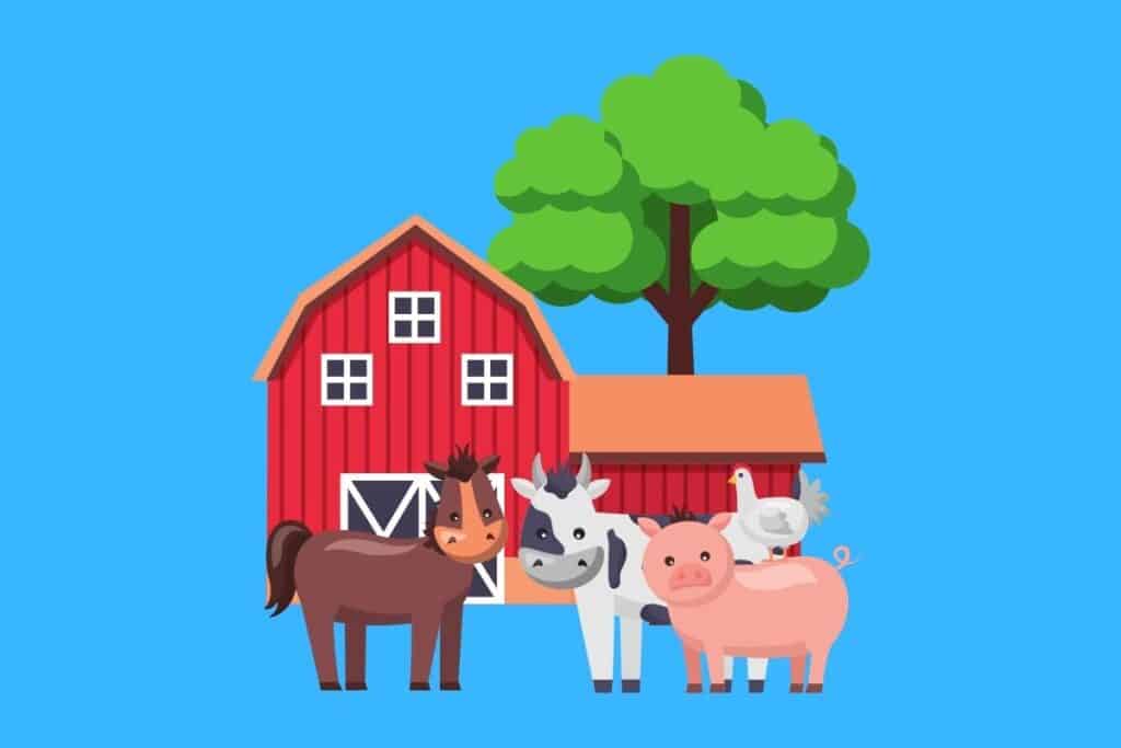 Cartoon graphic of barn with animals outside on blue background.