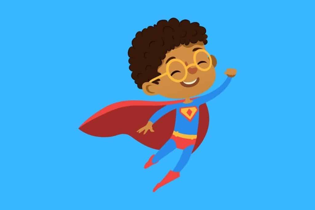 Cartoon graphic of smiling flying super hero with glasses on blue background.